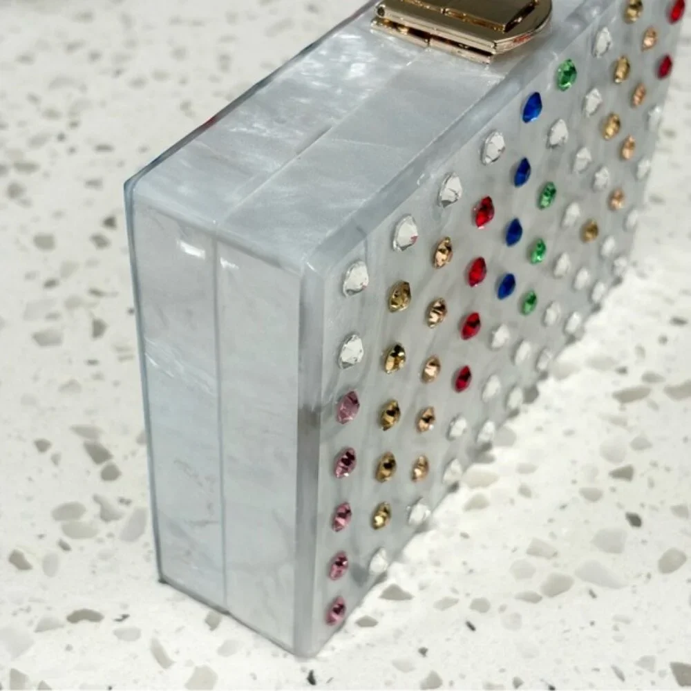 Milly Box Acrylic Clutch Swarovski Crystal Rainbow Stripe Removable Chain
